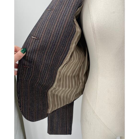 Vintage 90s Carmel Zhao Wool Blazer Single Breasted Striped Brown Womens 6 - Picture 12 of 15
